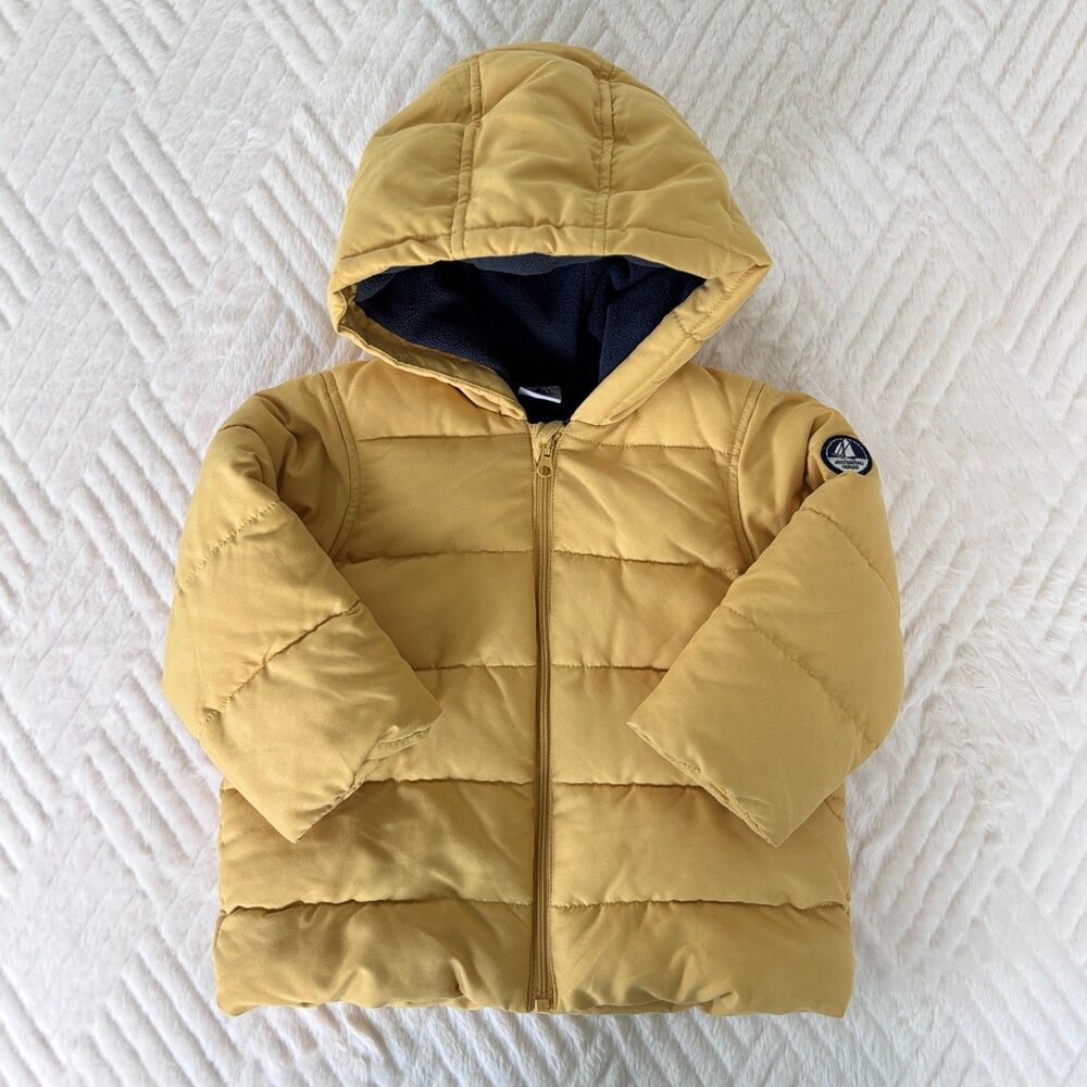 Petit Bateau Baby 12M 74cm Yellow Hooded Puffer Jacket Fleece Lined Winter Coat